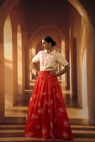 Tussar Top with Jasmine Bibyoke with Floral Embroidered Organza Skirt