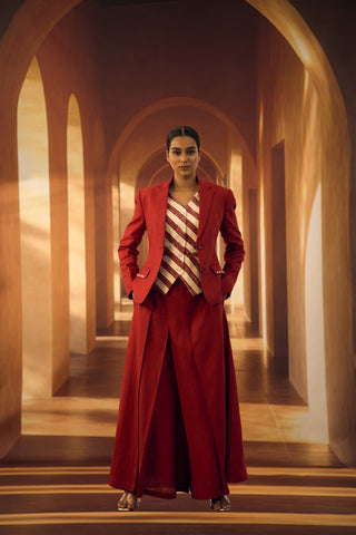 Blazer in Deep Red Linen with floral applique at pocket with Pallazo