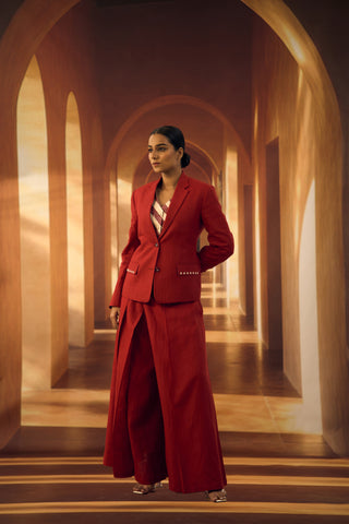 Blazer in Deep Red Linen with floral applique at pocket with Pallazo