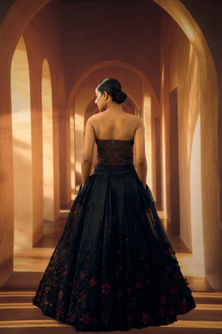 Pleated Organza Skirt with 3D Floral Applique