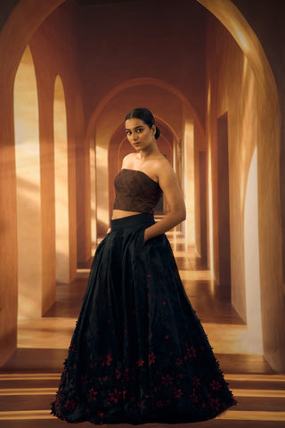 Pleated Organza Skirt with 3D Floral Applique