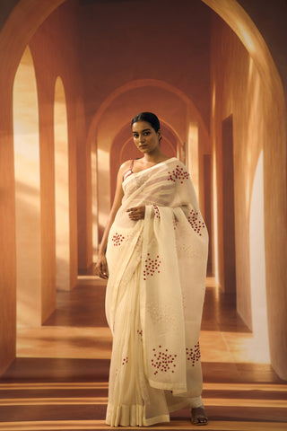 Cocktail Saree in Offwhite Organza with Floral applique