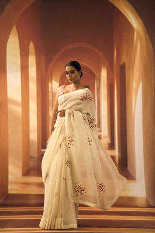 Cocktail Saree in Offwhite Organza with Floral applique
