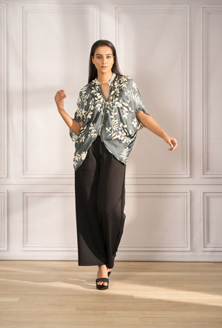 Bubble top in charcoal/ ivory satin with zipper
