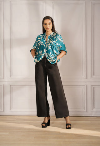 Bubble top in teal/ ivory satin with zipper