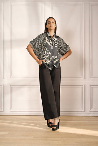 Butterfly top in charcoal/ivory satin with sequinned princess