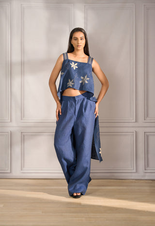 Cross over top in navy linen with floral applique paired with korean pants in navy linen