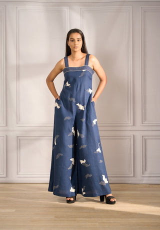 Ladies jumpsuit in navy linen with shatter emb cut work and kantha emb