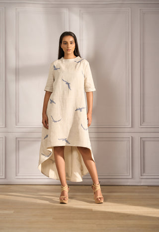 Mullet dress in beige linen with bird embroidery
