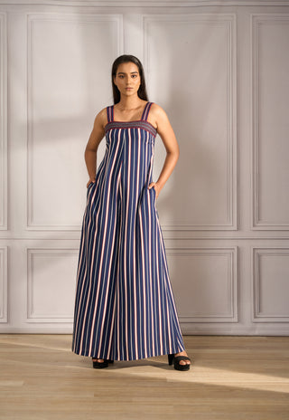 Jumpsuit in navy / crimson stripe with contrast piping