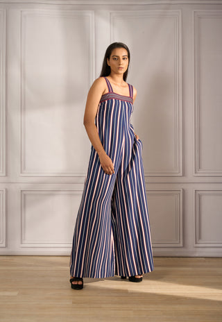 Jumpsuit in navy / crimson stripe with contrast piping