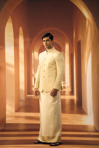 Ceremonial Linen Silk Jaquard Bandhgala with Veshti