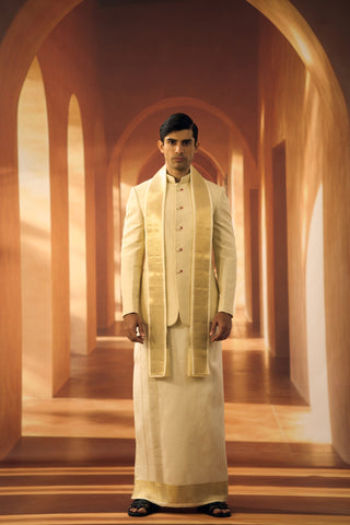Ceremonial Linen Silk Jaquard Bandhgala with Veshti
