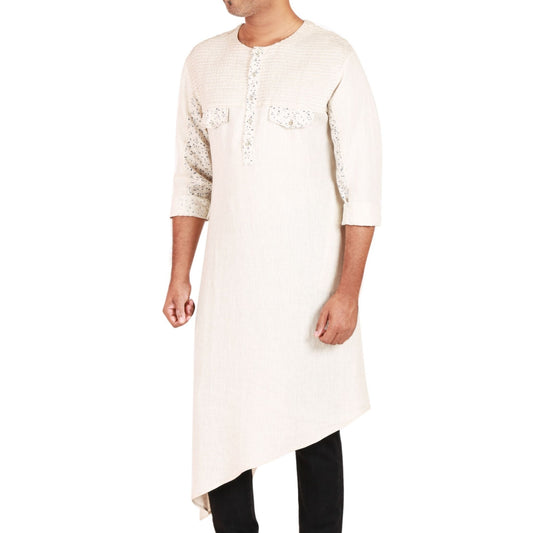 Asymmetric hem kurta in linen with horizontal pintucks