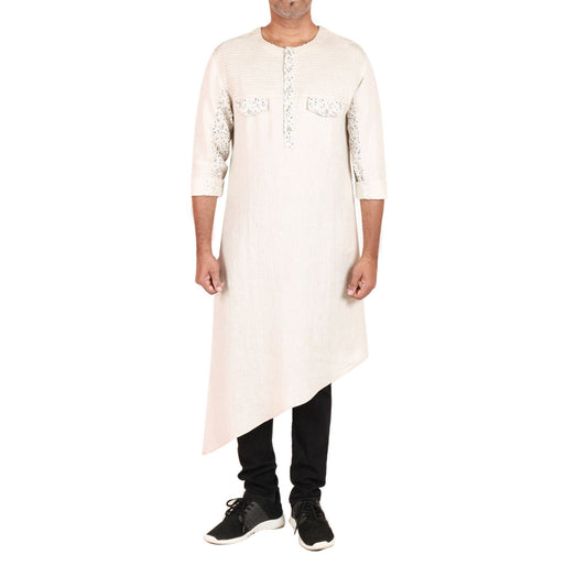 Asymmetric hem kurta in linen with horizontal pintucks