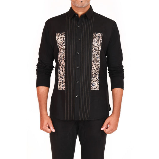 Long sleeve cotton linen shirt with kalamkari applique and jersey sleeves