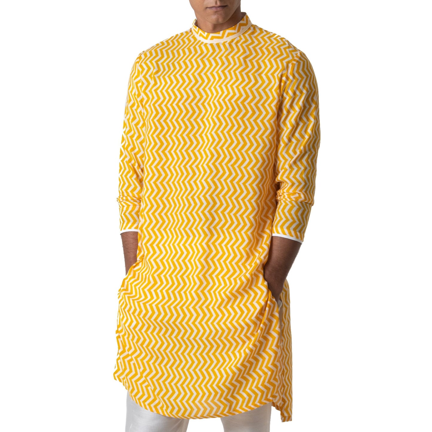 Kurta in yellow zigzag  cotton viscose + Cropped pants in cream cotton viscose