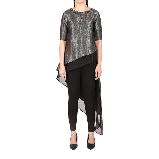 Asymmetric top in brocade with embroidered neckline