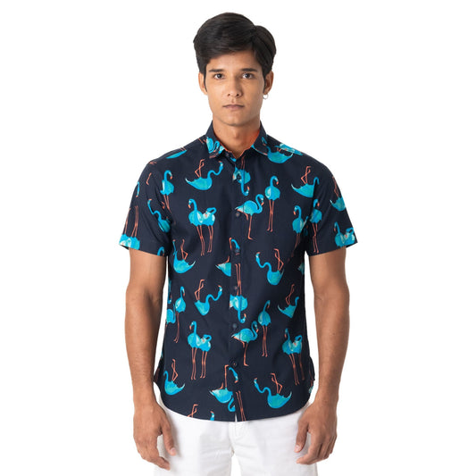 Flamingo printed short sleeve shirt with contrast zigzag detail