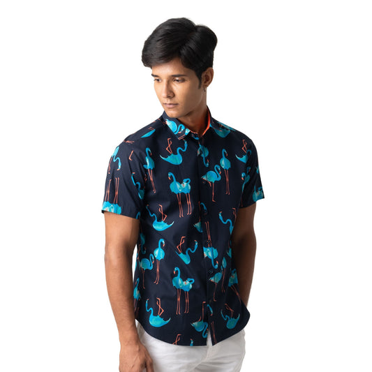 Flamingo printed short sleeve shirt with contrast zigzag detail