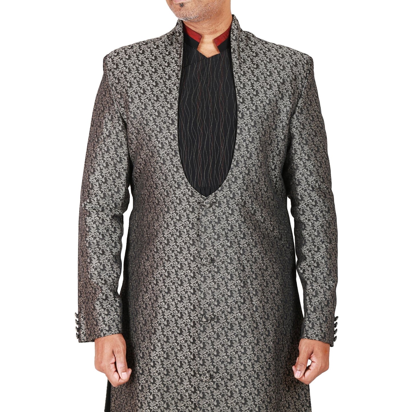 Sherwani in linen silk jaquard with built up neck