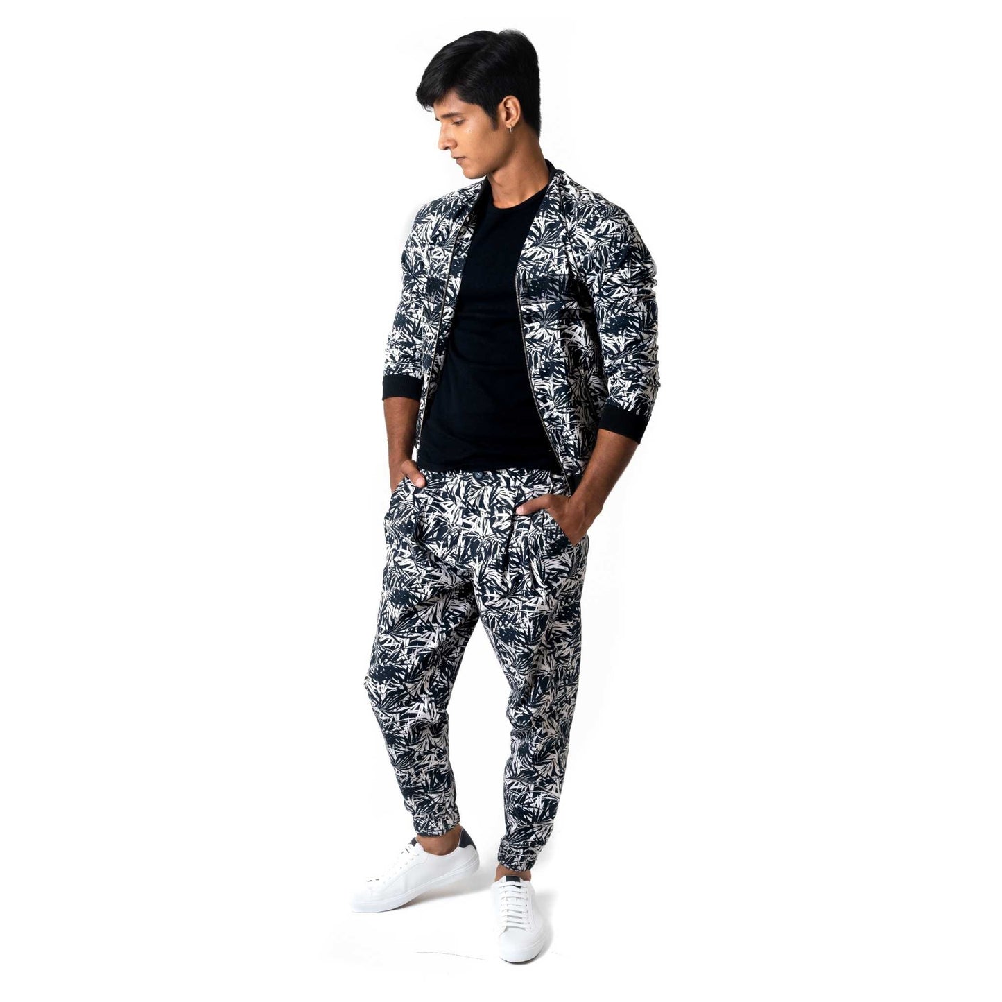 Bomber jacket and joggers co-ord set in black & white palm leaf printed cotton