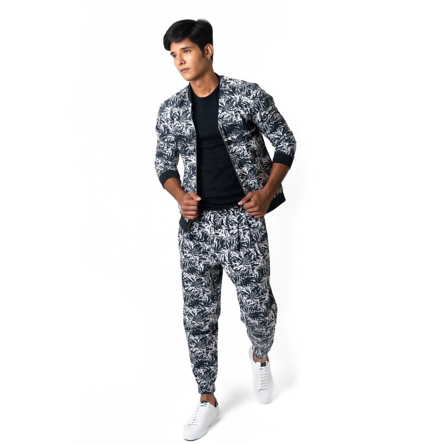 Bomber jacket and joggers co-ord set in black & white palm leaf printed cotton