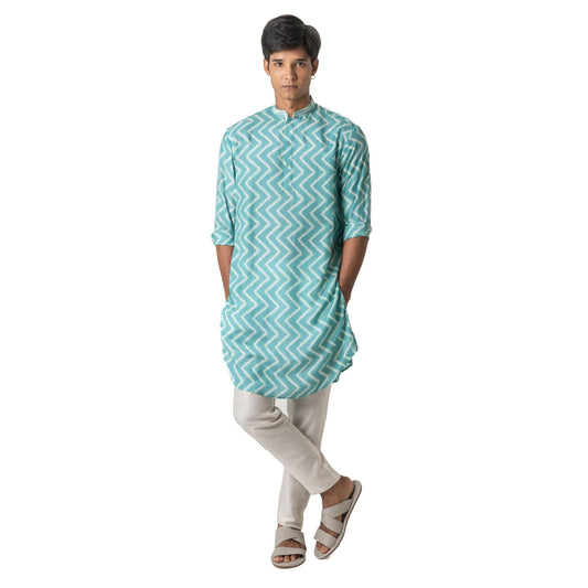 Kurta in aqua green zigzag  cotton viscose + Cropped pants in cream cotton viscose