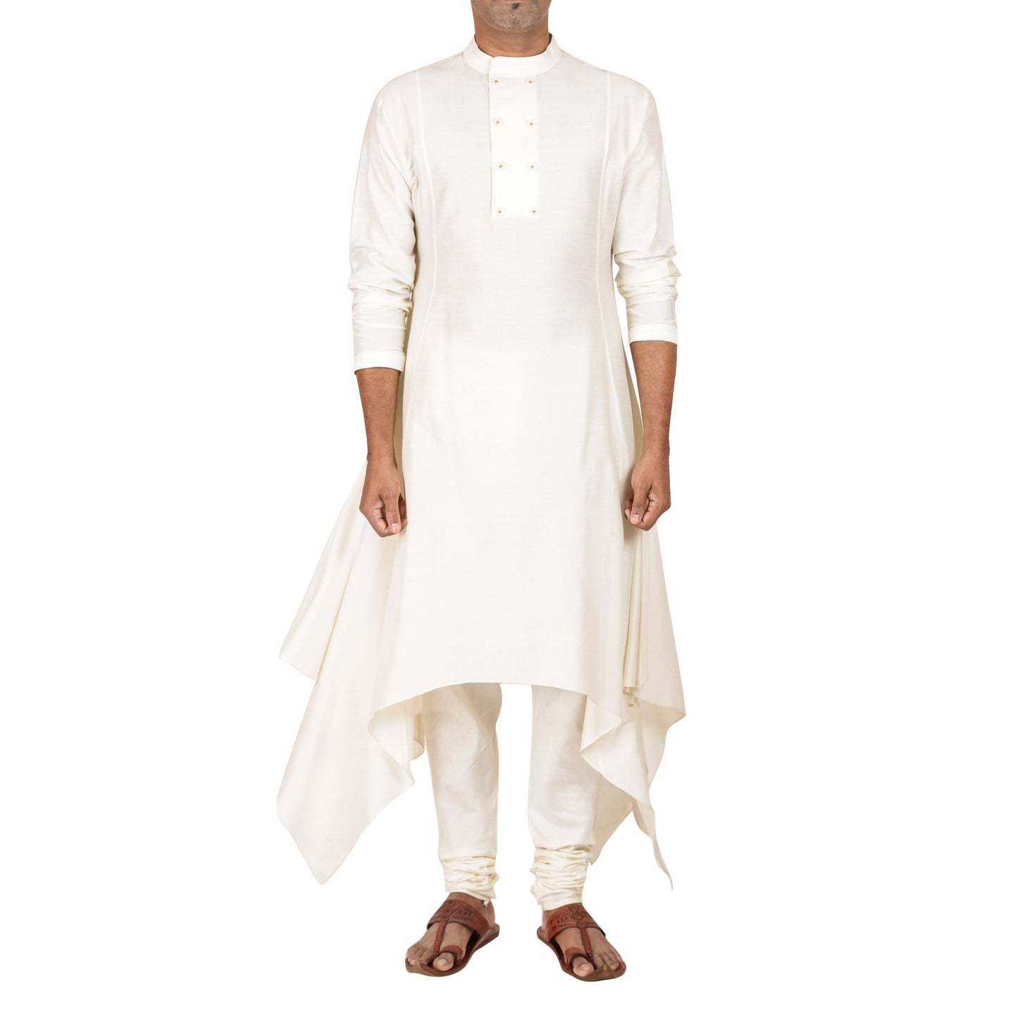 Long kurta with handkerchief hem + Churidar in cream