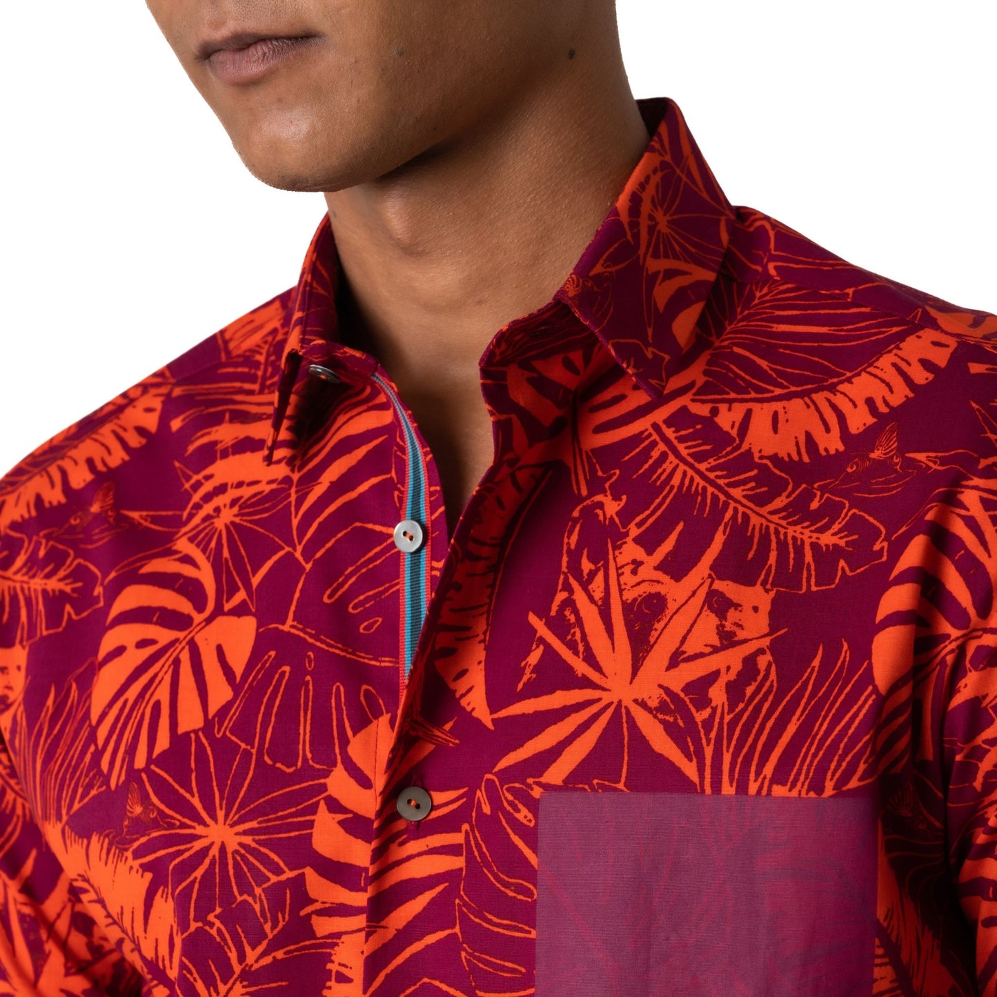 Tropical printed short sleeve shirt with regimental tape on under placket and pocket in print at chest