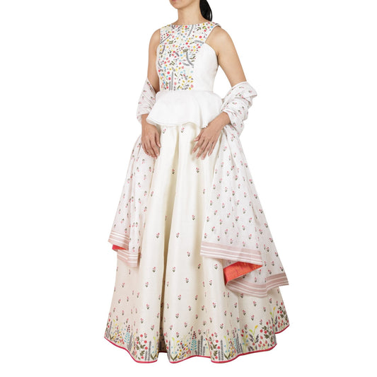 Floral embroidered lehenga with peplum top and chanderi dupatta