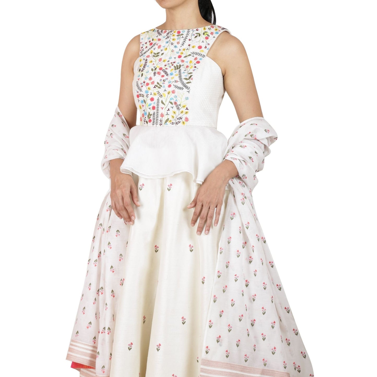 Floral embroidered lehenga with peplum top and chanderi dupatta
