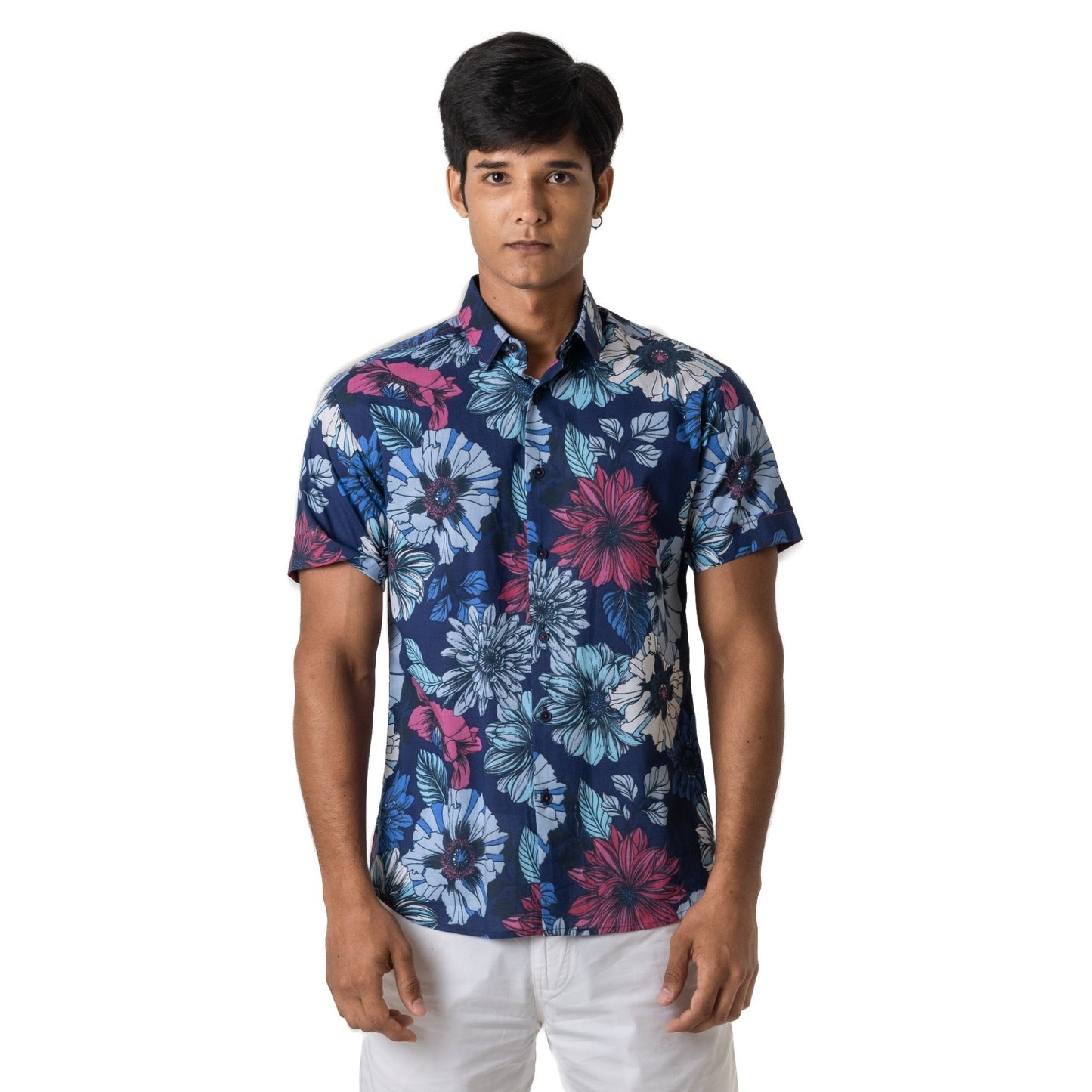 Short sleeve shirt in navy floral printed voile