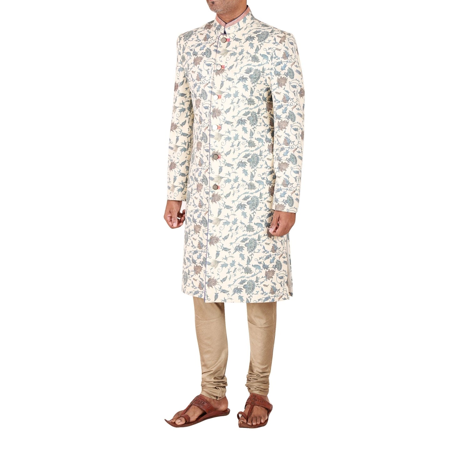 Fitted sherwani in floral printed linen blend suting