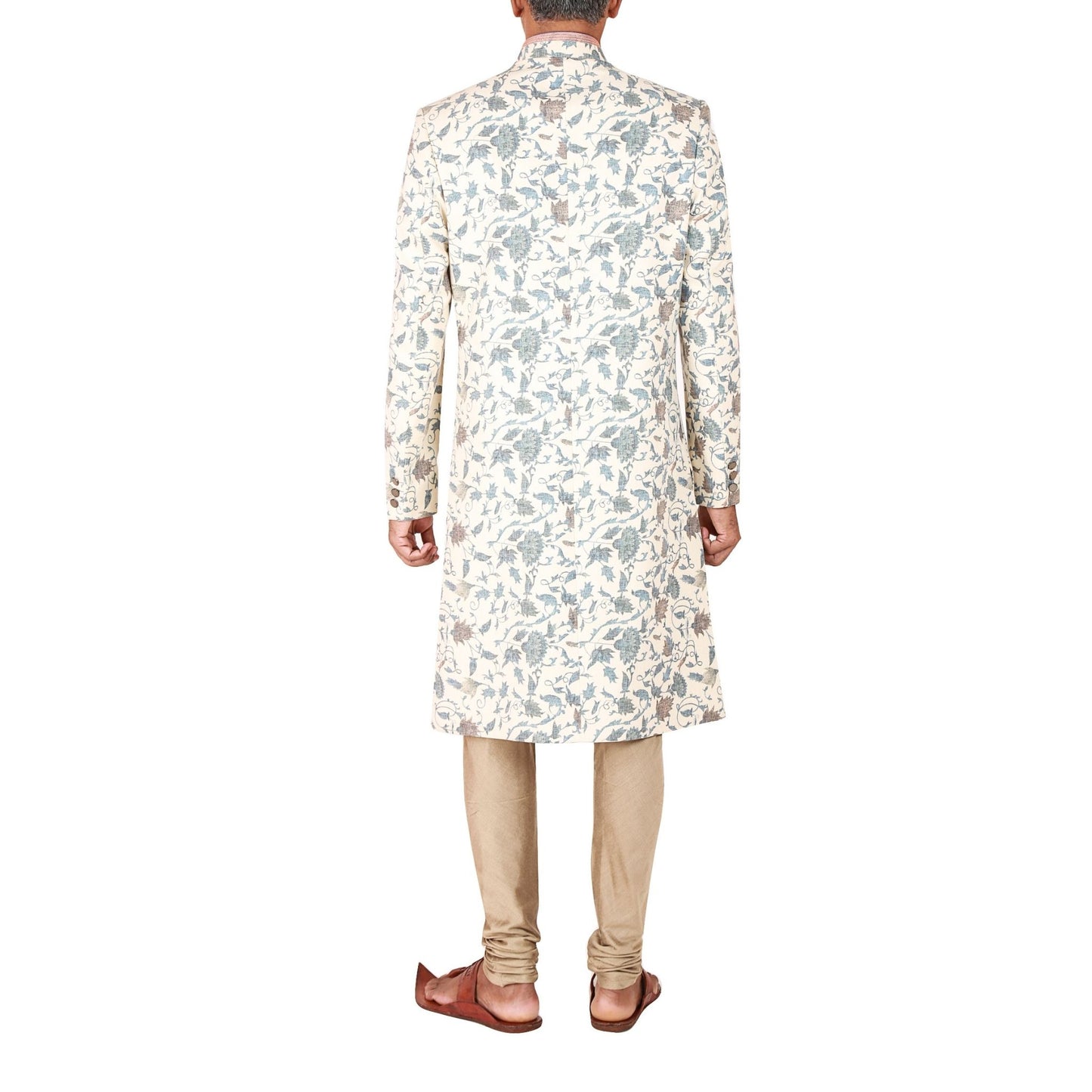 Fitted sherwani in floral printed linen blend suting