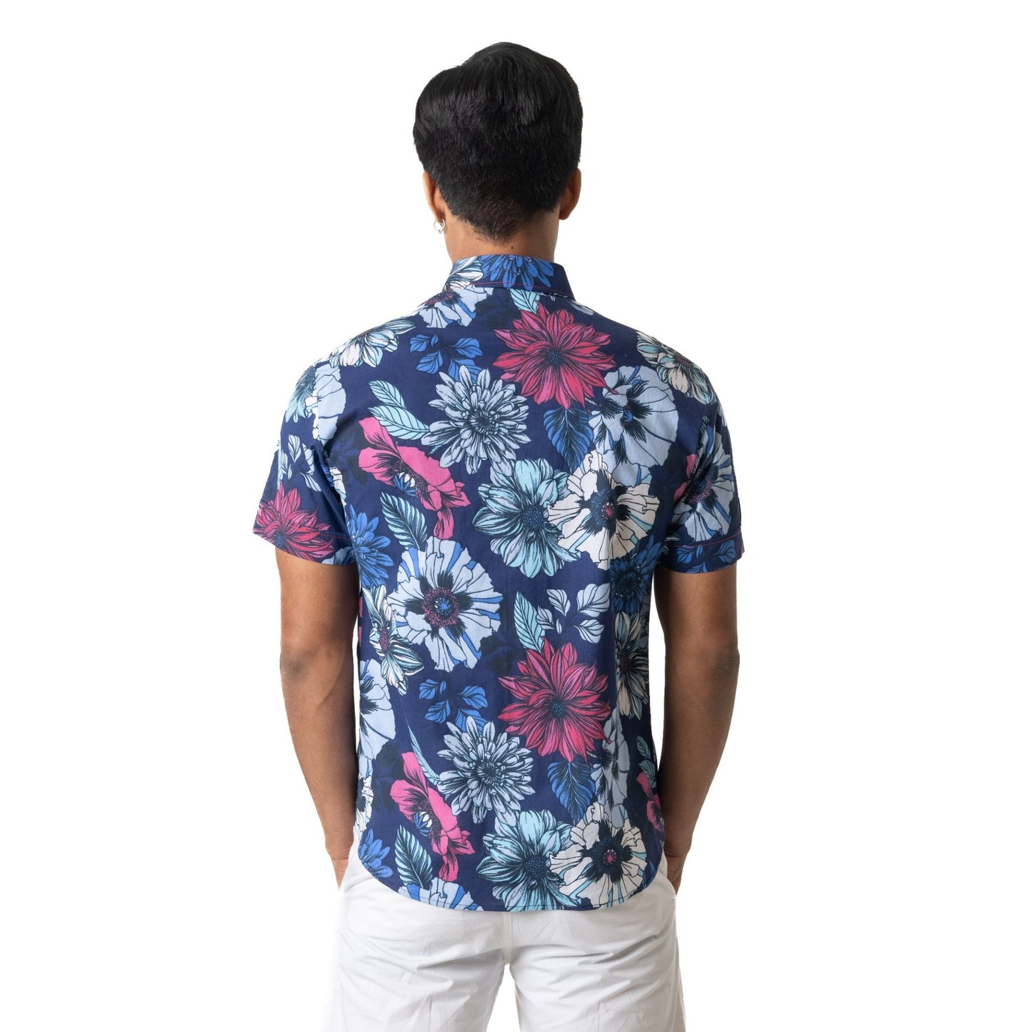 Short sleeve shirt in navy floral printed voile