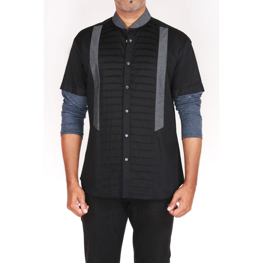 Long sleeve shirt with horizontal pintucks and jersey sleeves