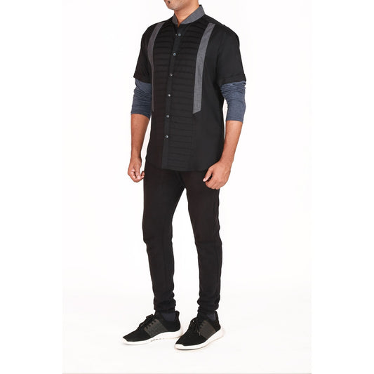 Long sleeve shirt with horizontal pintucks and jersey sleeves
