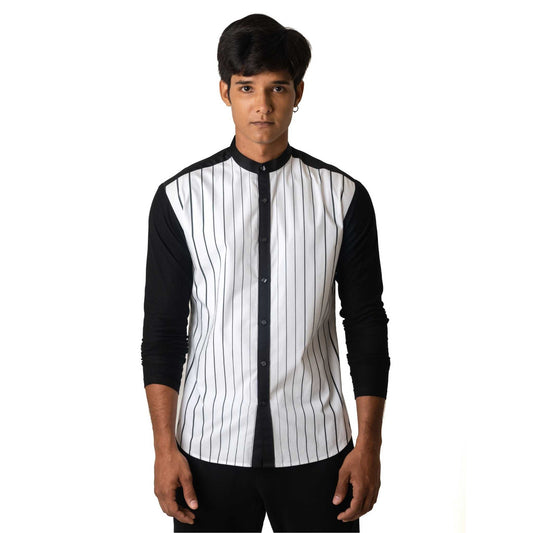 Long sleeve striped shirt with jersey sleeves