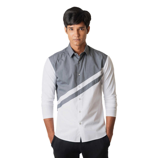 Long sleeve shirt in poplin with diagonal colorblocked panel and jersey sleeves
