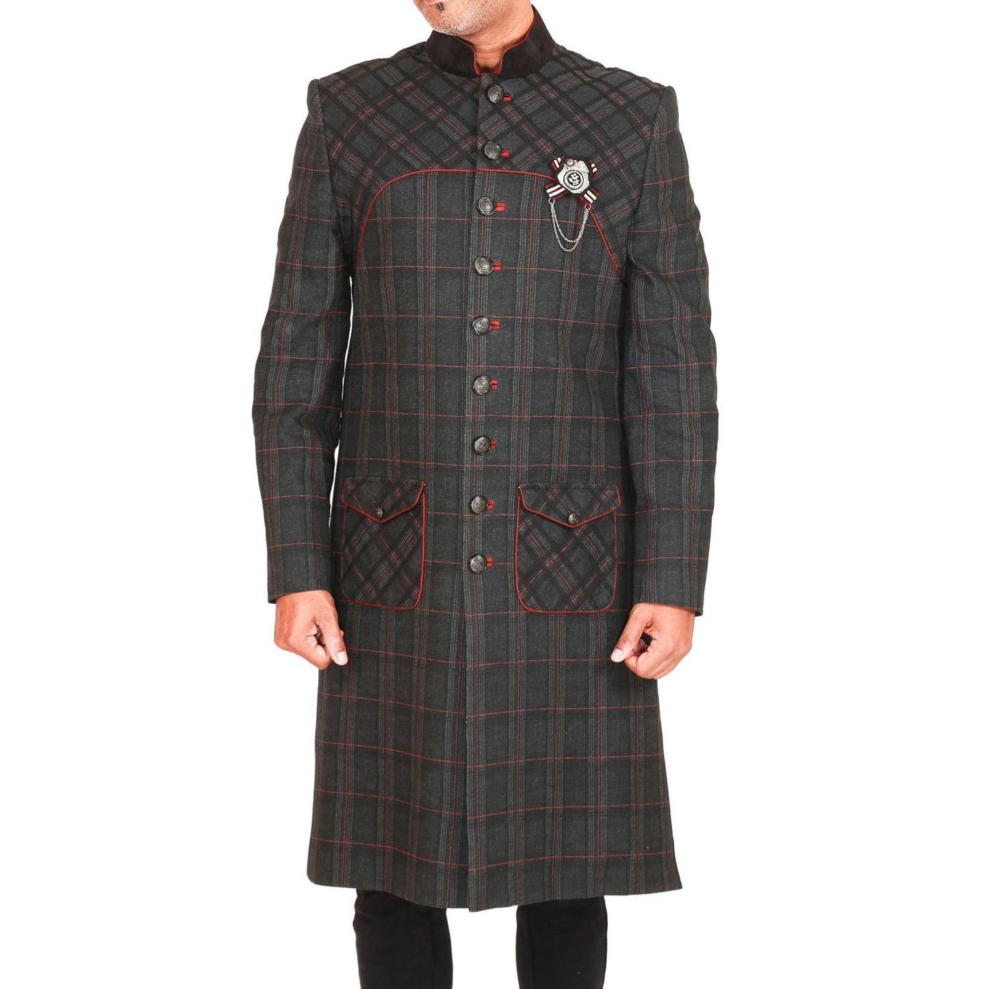 Regimental sherwani in plaid with velvet collar