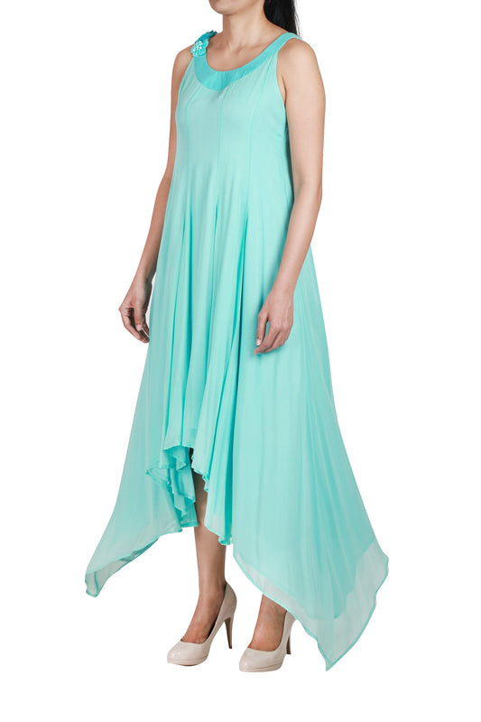Paneled dress in silk and georgette with jeweled neckline